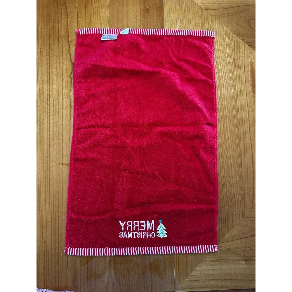 Merry Christmas Red Cotton Hand Towel‎ Embroidered Tree Striped Trim RN 17730